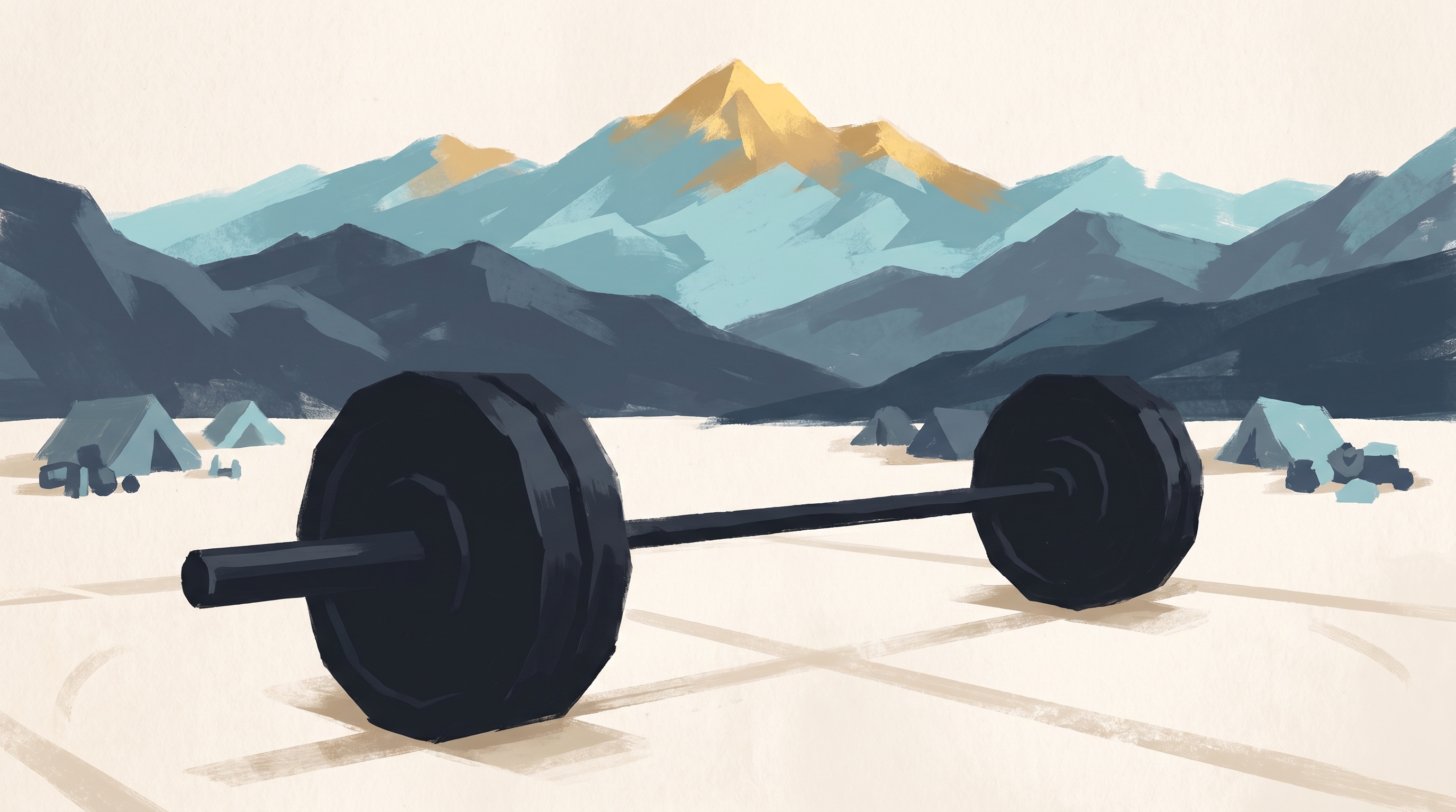 Loaded barbell on the floor of a dimly lit gym