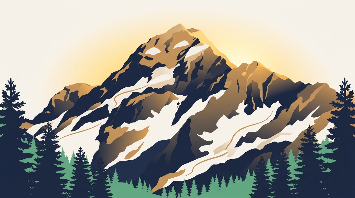 Climber silhouetted on a snowy mountain ridge against blue sky