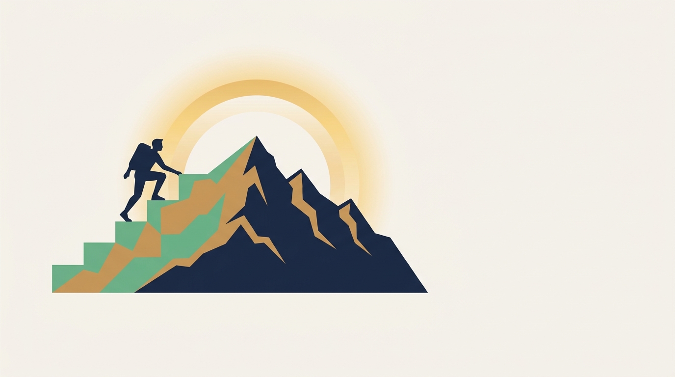 Climber silhouetted on a snowy mountain ridge against blue sky