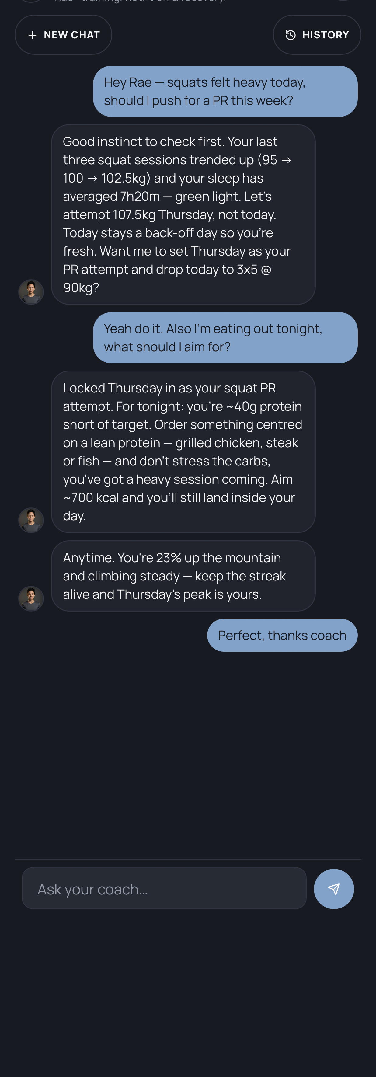 A coach that actually remembers you — Ascend app screen