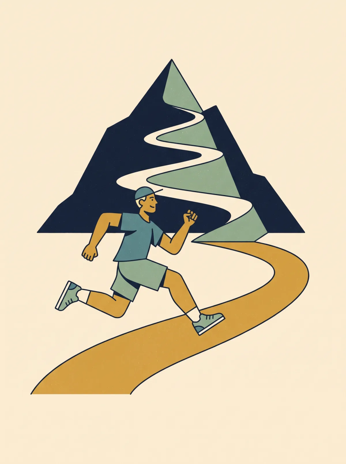 Cartoon runner bounding up a winding mountain trail