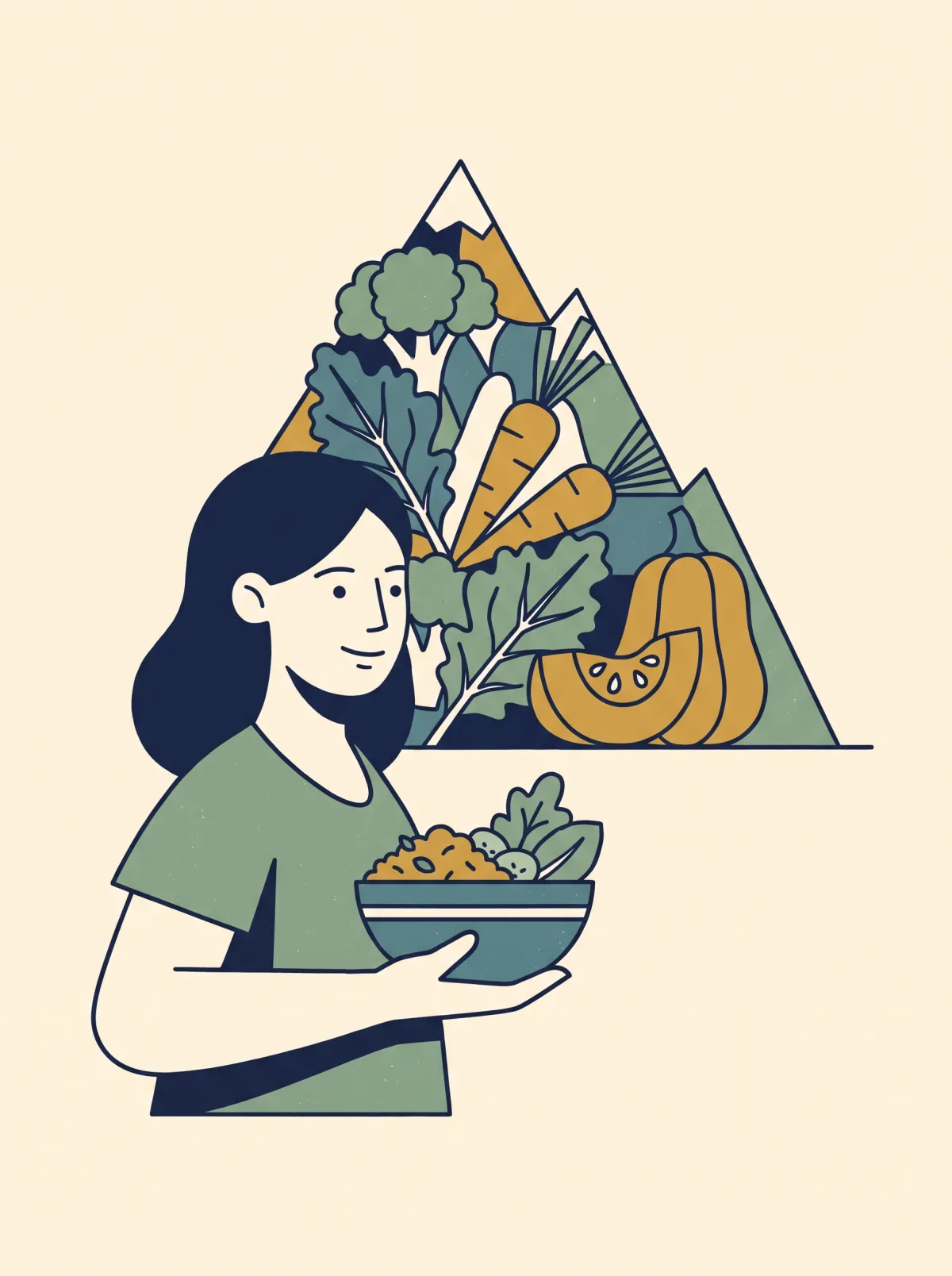 Cartoon person holding a wholesome bowl in front of a mountain