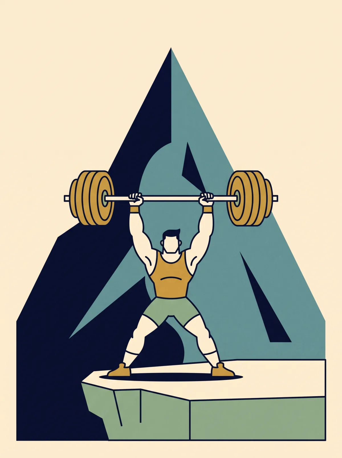 Cartoon lifter pressing a barbell overhead in front of a mountain