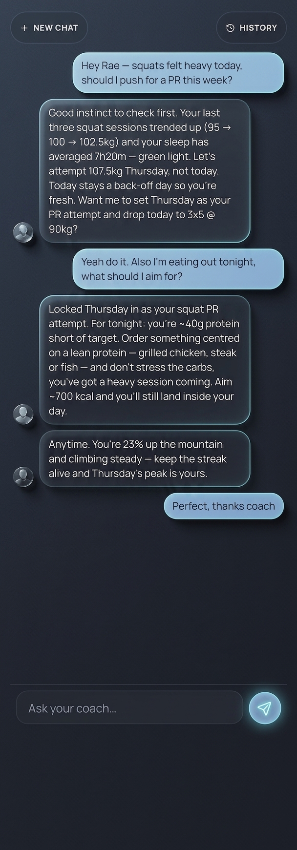 An AI coach that knows your training., Ascend app screen