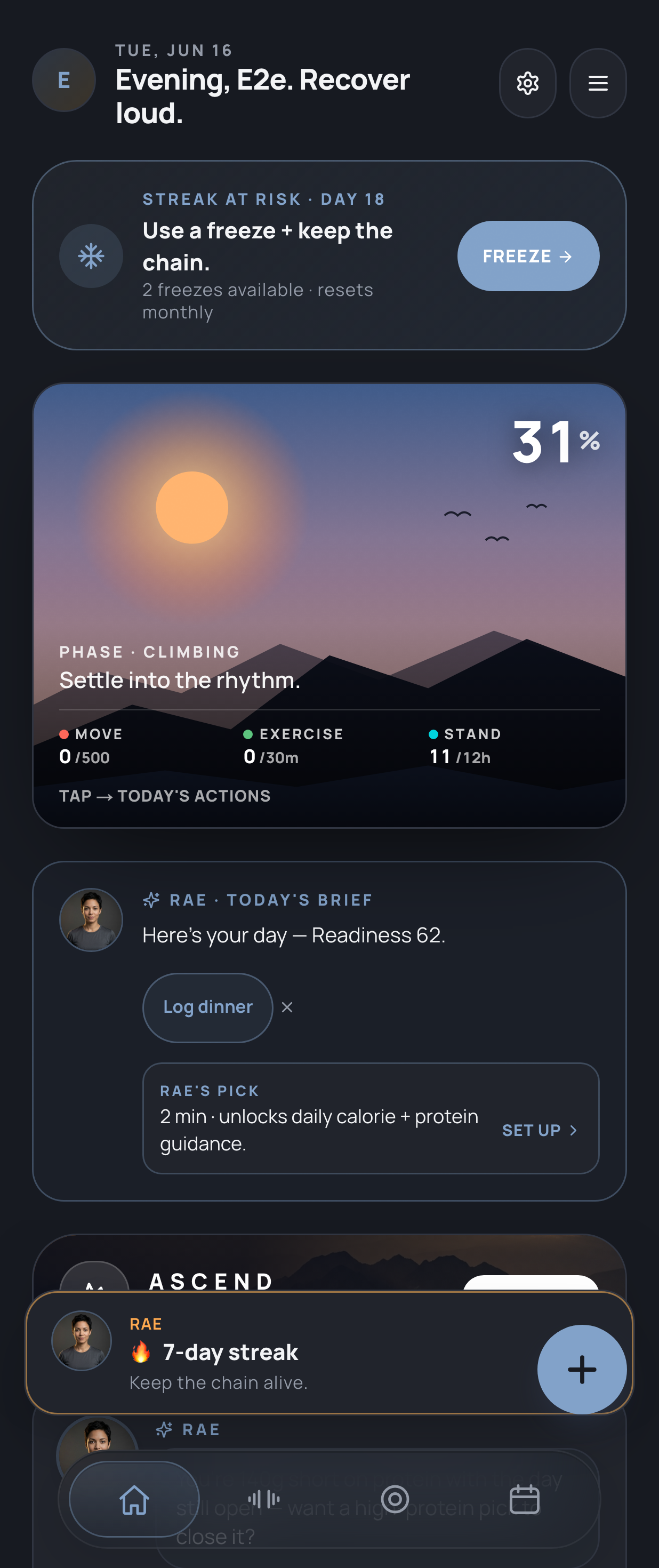 The day-one screen — Ascend app screen